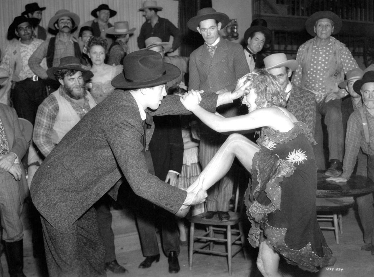 James Stewart Fights Marlene Dietrich In A Scene From The Film 'Destry Rides Again', 1939.