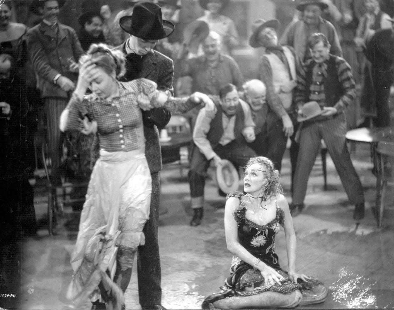 Una Merkel And Marlene Dietrich Battle It Out In A Scene From 'Destry Rides Again'