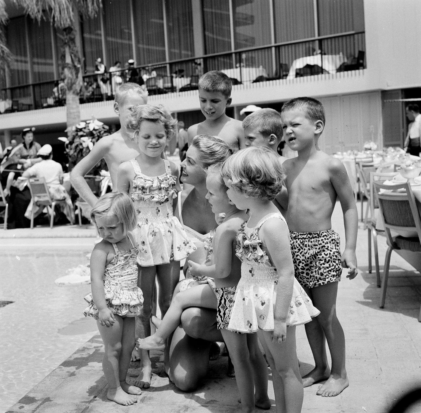 Esther Williams With Children At Swim School Opening In Los Angeles On August 12, 1955