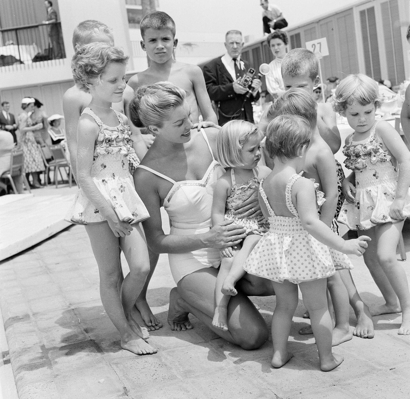 Esther Williams With Children At Swim School Opening In Los Angeles On August 12, 1955