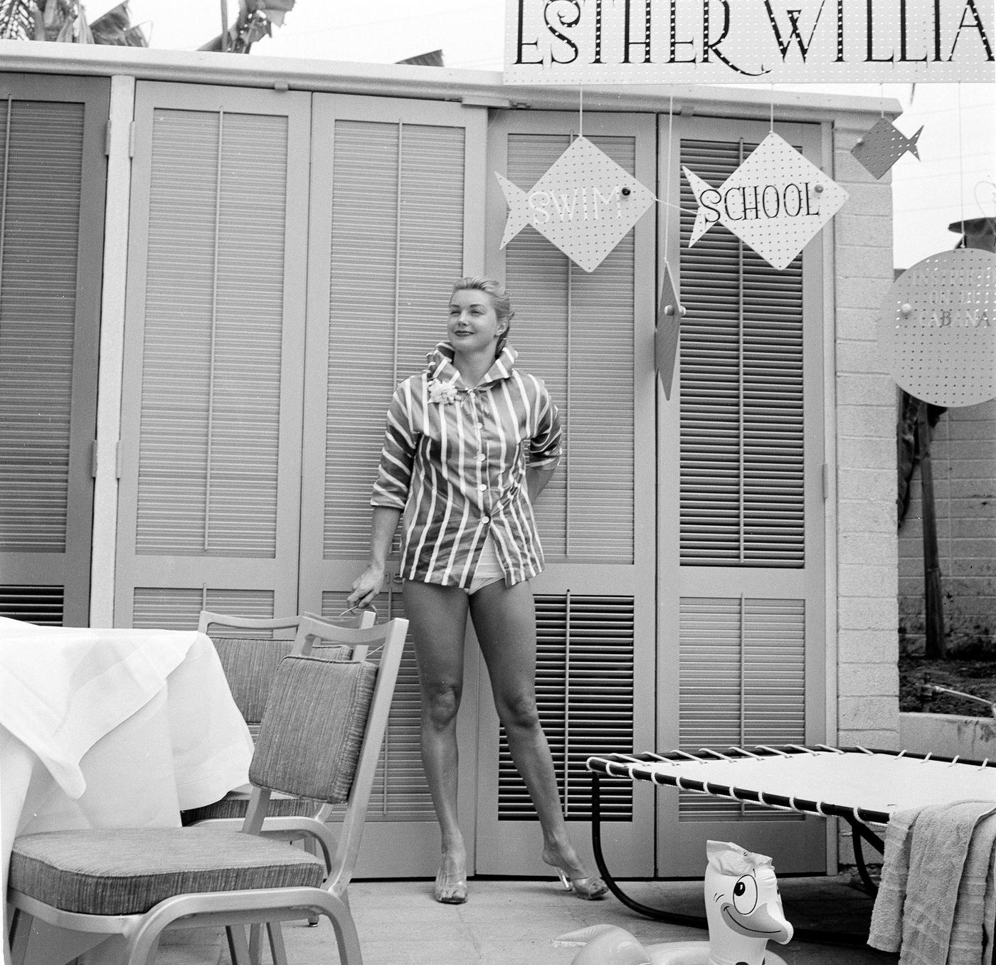 Esther Williams Poses With Swim School Sign At Opening In Los Angeles On August 12, 1955