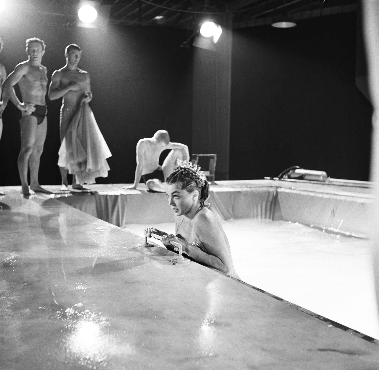 Esther Williams With Male Swimmers At The Milton Berle Show, 1955