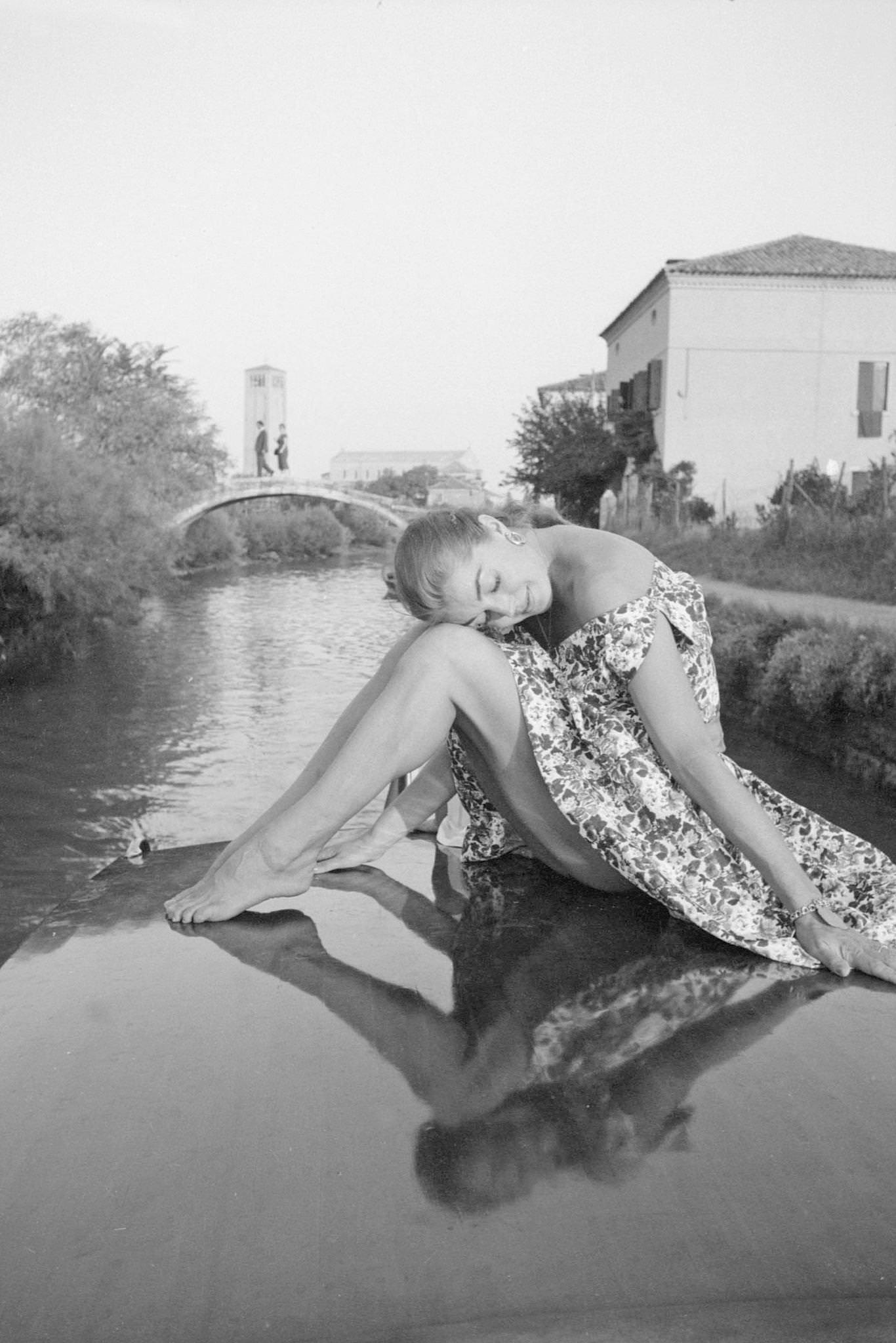Esther Williams Sitting On A Boat During The Xviii Venice International Film Festival. Venice, 1957
