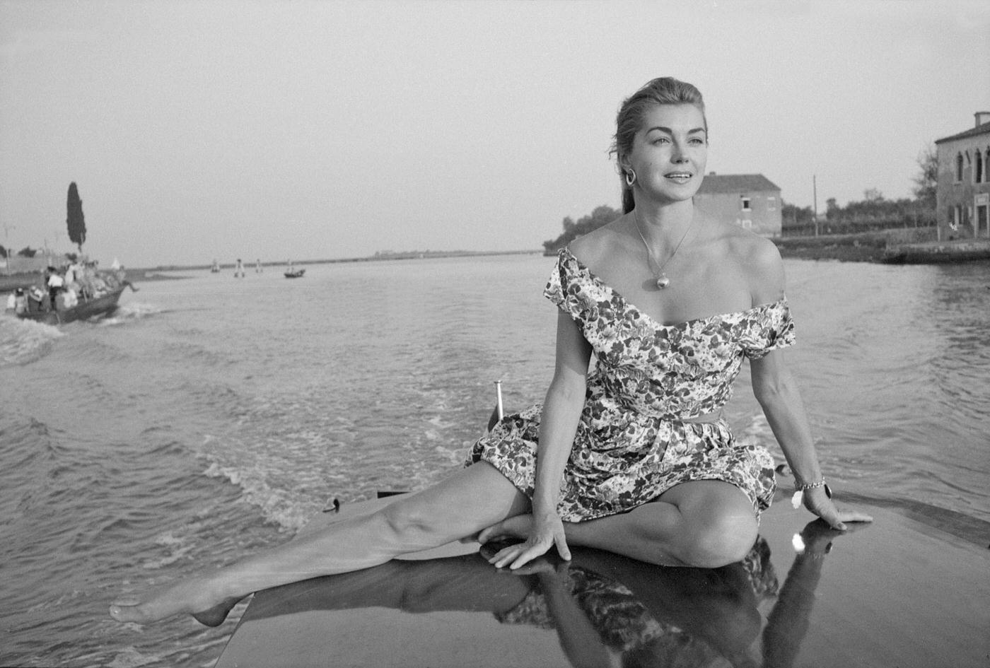Esther Williams Sitting On A Boat During The Xviii Venice International Film Festival. Venice, 1957