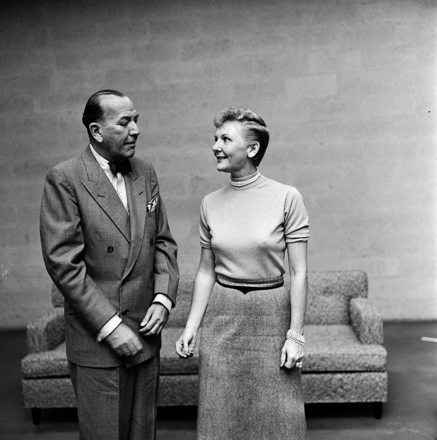 Noel Coward And American Actress Mary Martin Rehearse For An Episode Of The Live Performance Anthology Series 'Ford Star Jubilee,' New York, October 10, 1955.