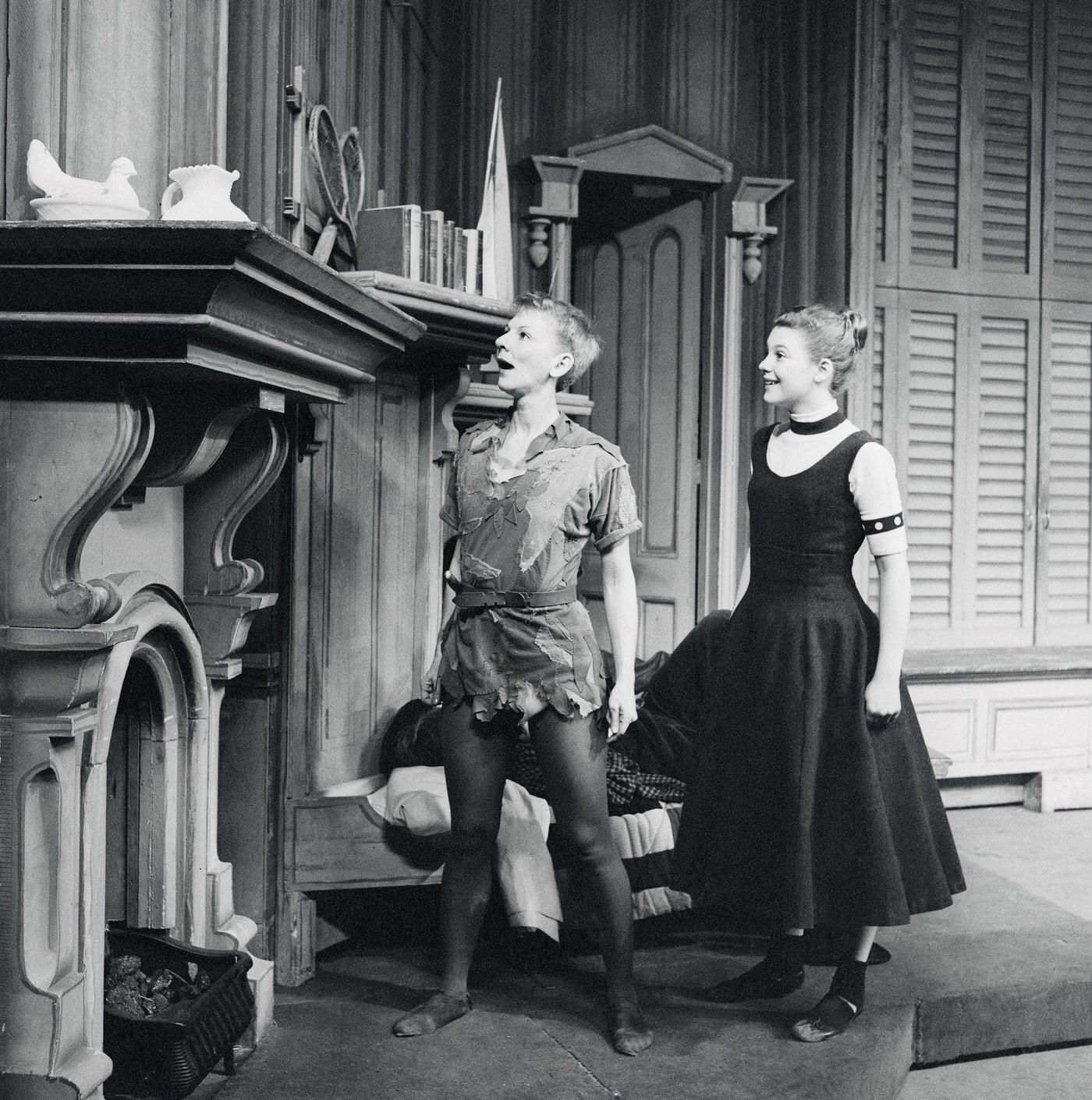 Mary Martin And Heller Halliday On Set. Rehearsal For Television Peter Pan.