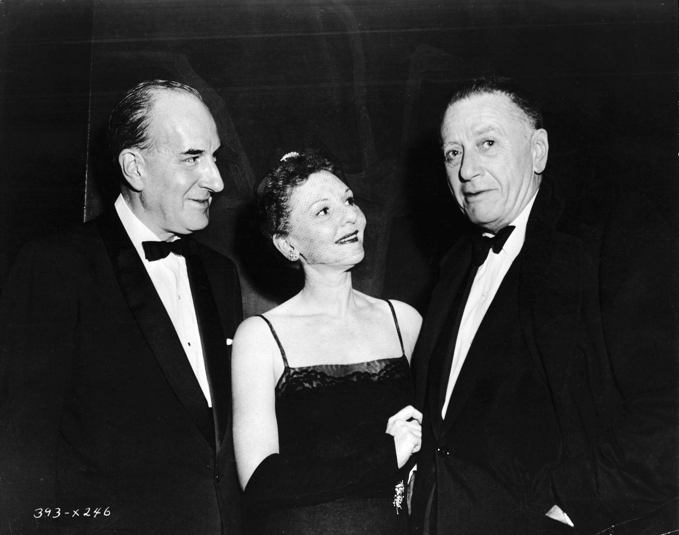 Mary Martin With Russell Downing, President Of Radio City Music Hall, And Agent Leland Hayward Stand Together At A Benefit Performance Of 'The Spirit Of St. Louis' At Radio City Music Hall, 1957