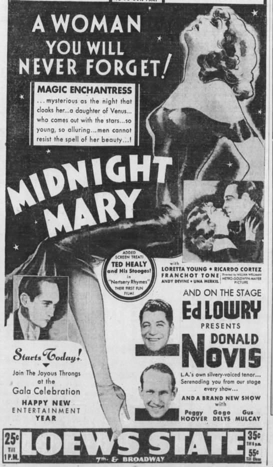 Ricardo Cortez, Franchot Tone, And Loretta Young In Midnight Mary (1933)