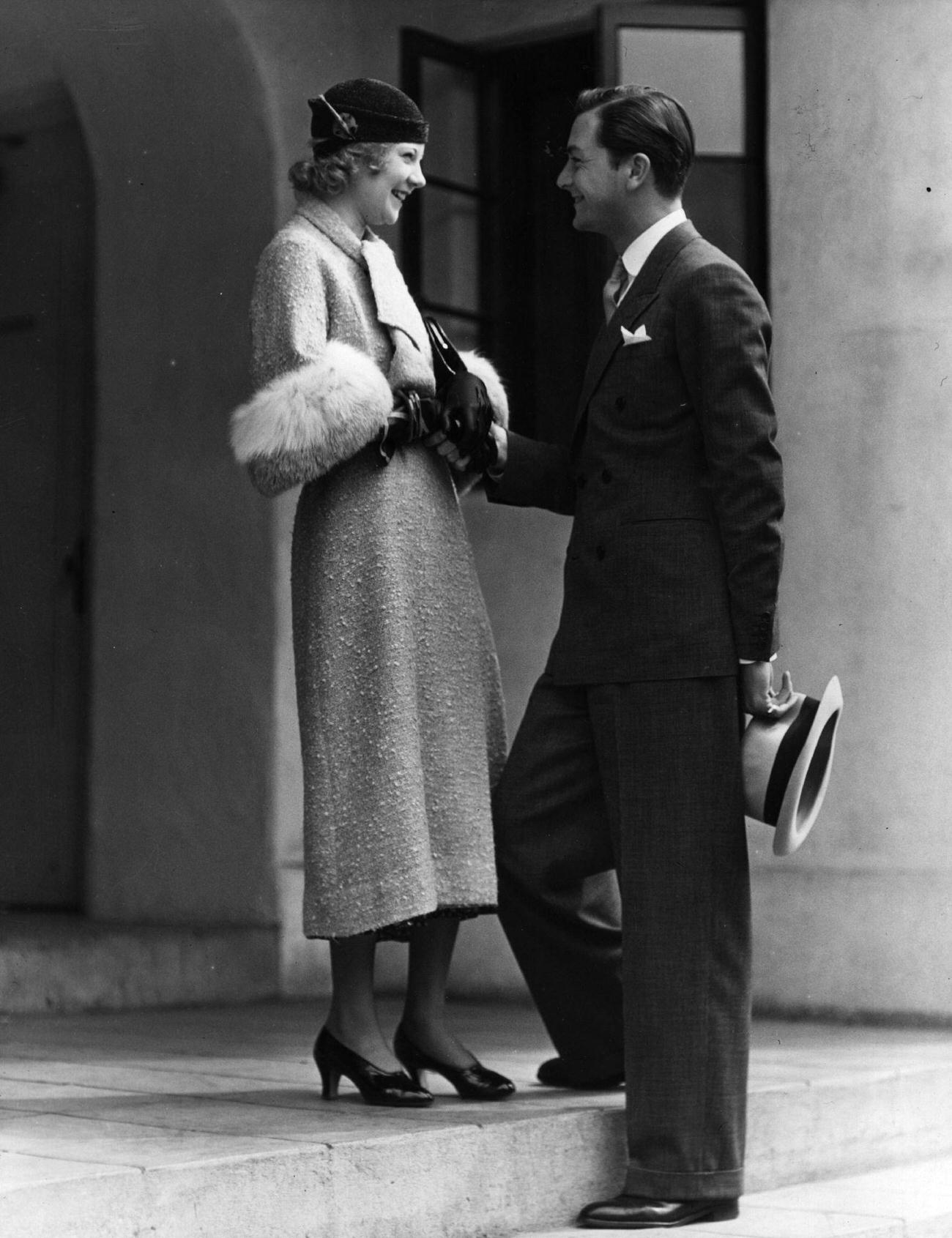 Robert Young With Una Merkel On The Steps Of Mgm'S Casting Office. Robert Is Being Congratulated On His Recent Marriage By Una, 1936