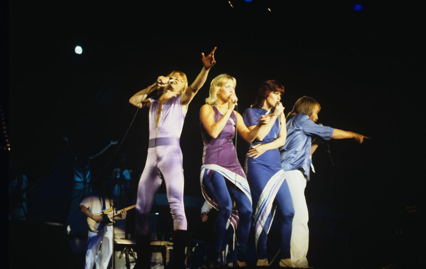 Bjorn Ulvaeus, Agnetha Faltskog, Anni-Frid Lyngstad And Benny Andersson Of Swedish Pop Group Abba Perform On Stage At Wembley Arena In London, England In November 1979
