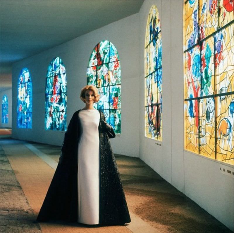 Anne De Zogheb In Simple Satin Gown Worn With Shiny Full-Length Cloak Of Silk And Cellophane By Nina Ricci, Life, September 1, 1961