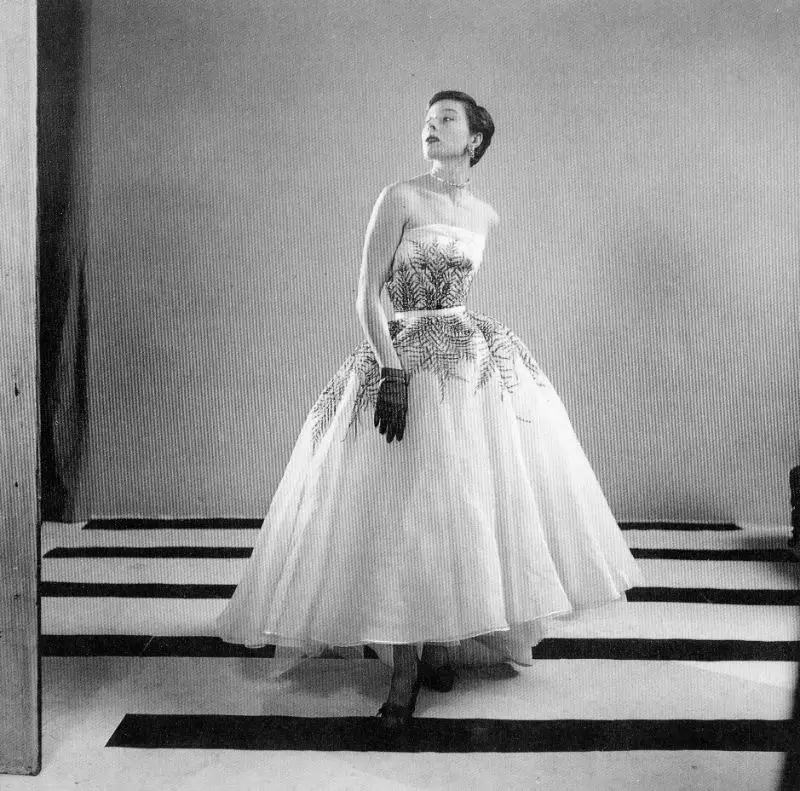 Bettina In Fath’s Organdy Evening Dress With Fern Embroidery By Lesage, 1950