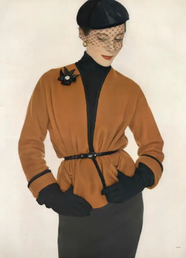 Bettina In Rust Box-Cardigan Jacket Of Brushed Wool Edged With Black Braid Lined In Black Rayon Jersey And Completely Reversible, Skirt Is Banker’s Gray Flannel, Both At Bonwit Teller, 1950