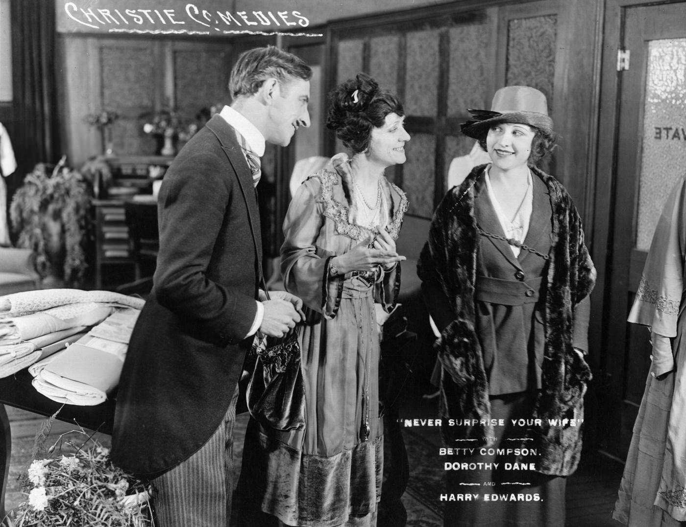 Betty Compson With Dorothy Dane And Harry Edwards In One Of The Al Christie Comedies, 'Never Surprise Your Wife', 1925
