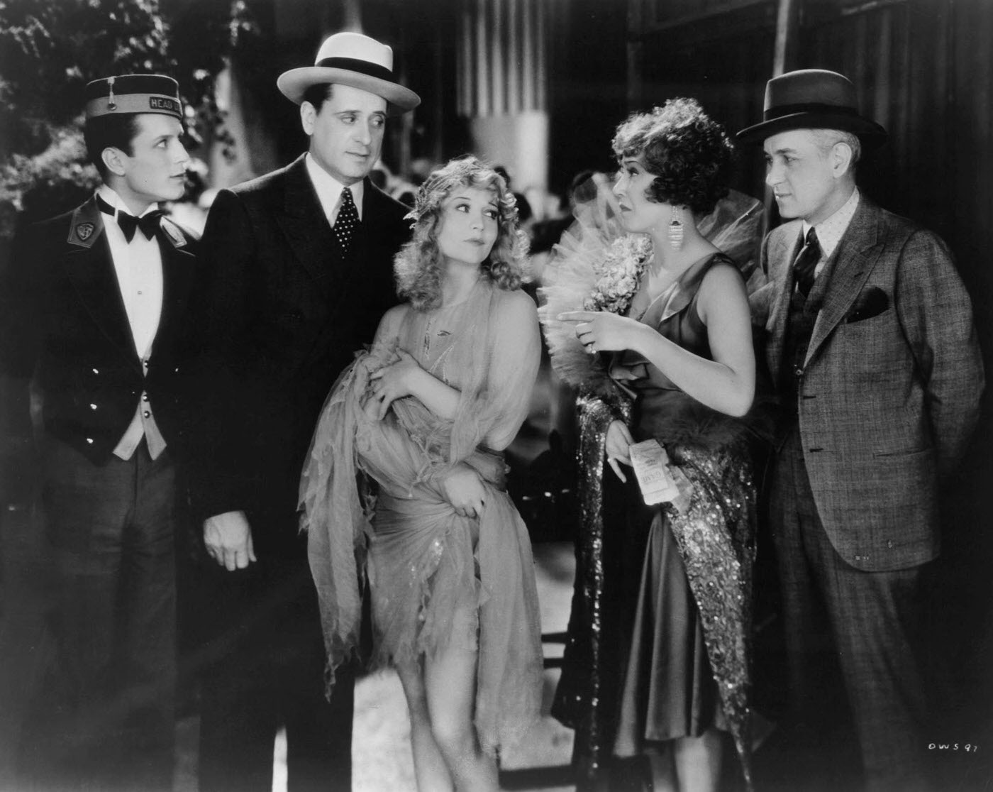 William Bakewell, Sam Hardy, Betty Compson, Louise Fazenda, And Purnell Pratt Looking At Each Other In A Scene From The Film 'On With The Show!', 1929