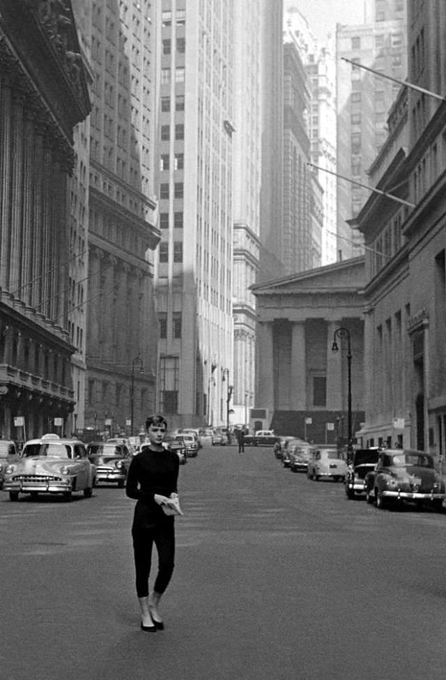 Audrey Near Wall St. During Filming Of 'Sabrina', New York City, 1954