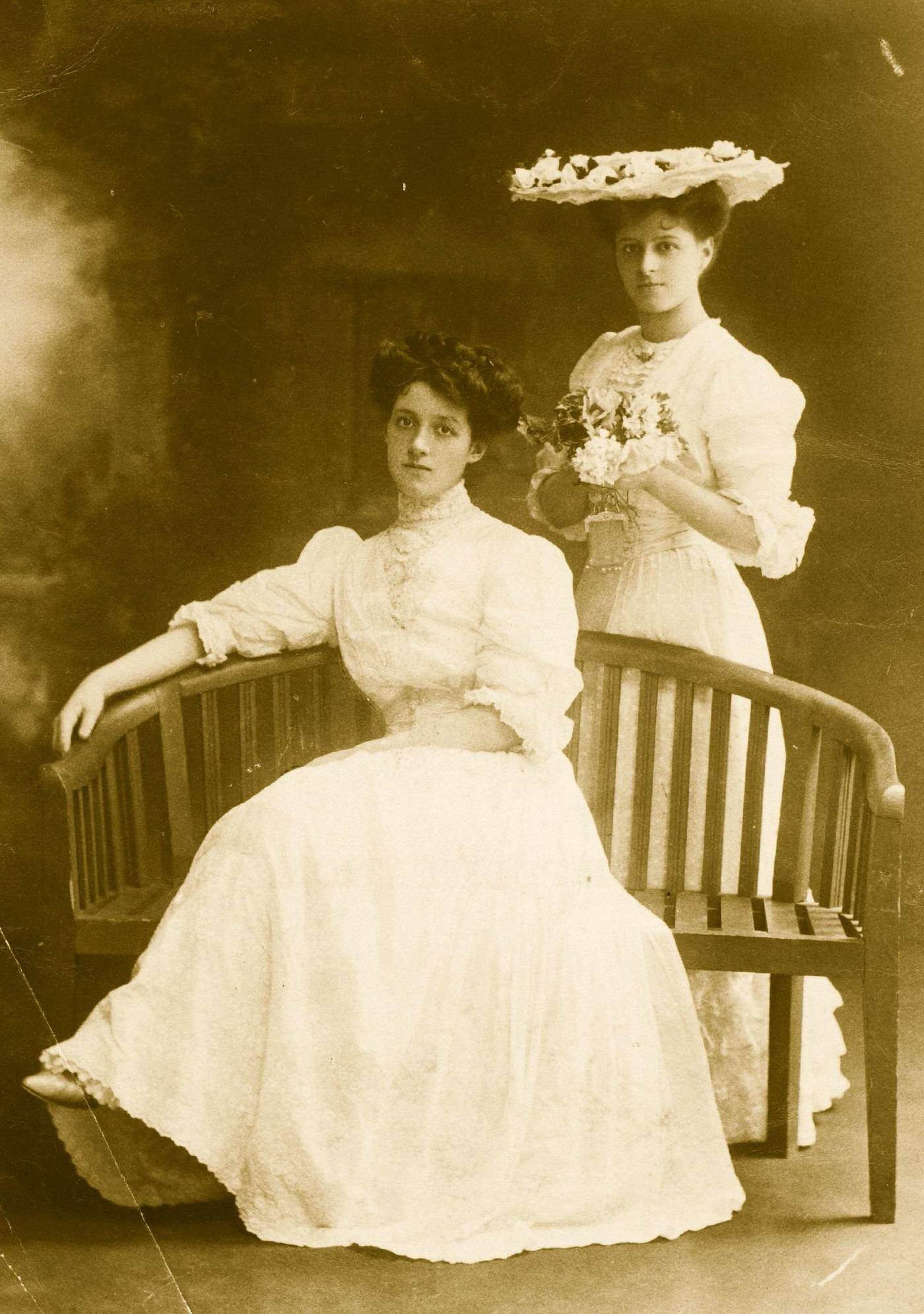 Two Edwardian Ladies Wearing Summer Day Dresses.