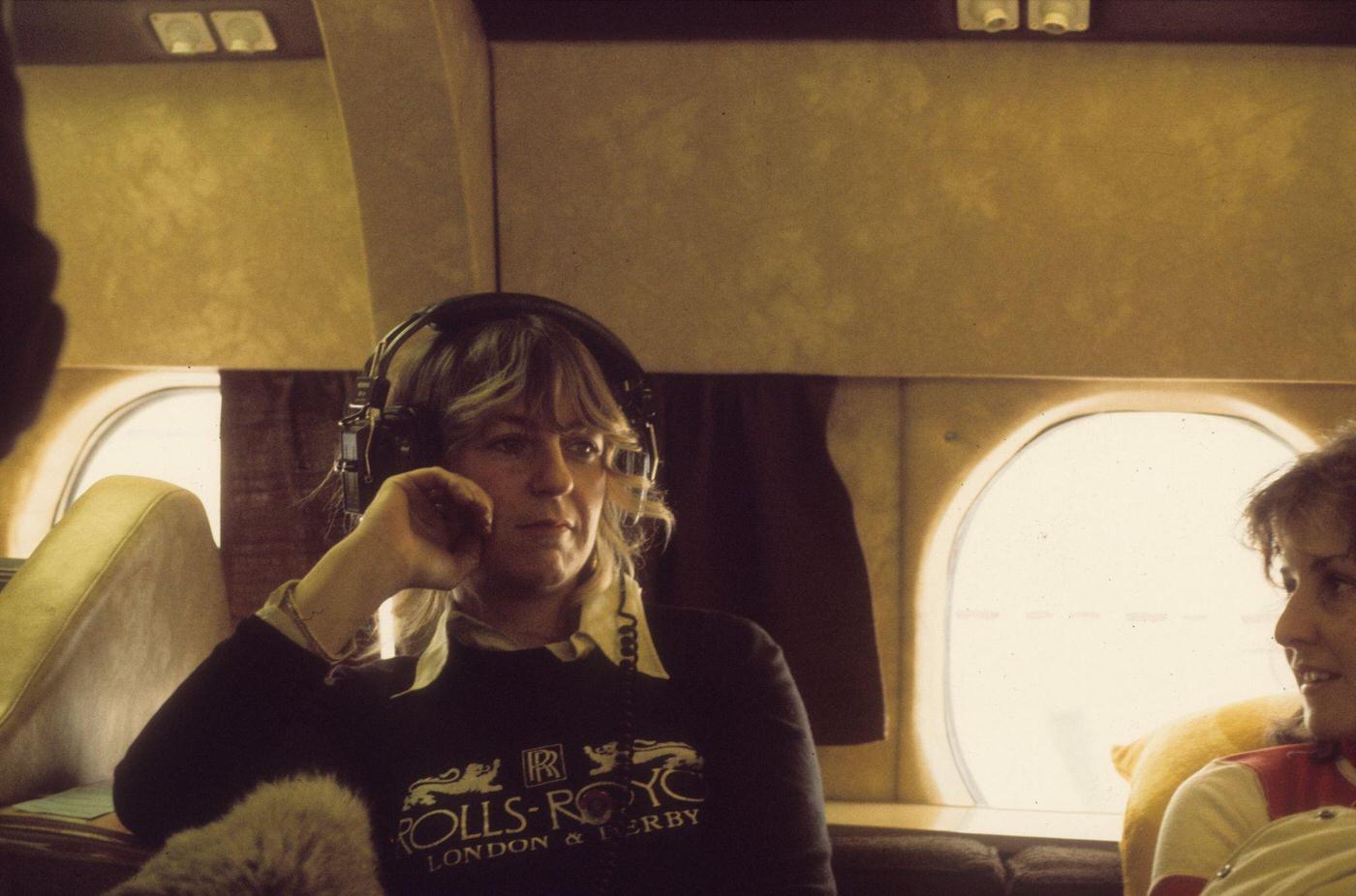 Singer Christine Mcvie Of The Rock Group 'Fleetwood Mac' On Board Their Private Jet In 1975.