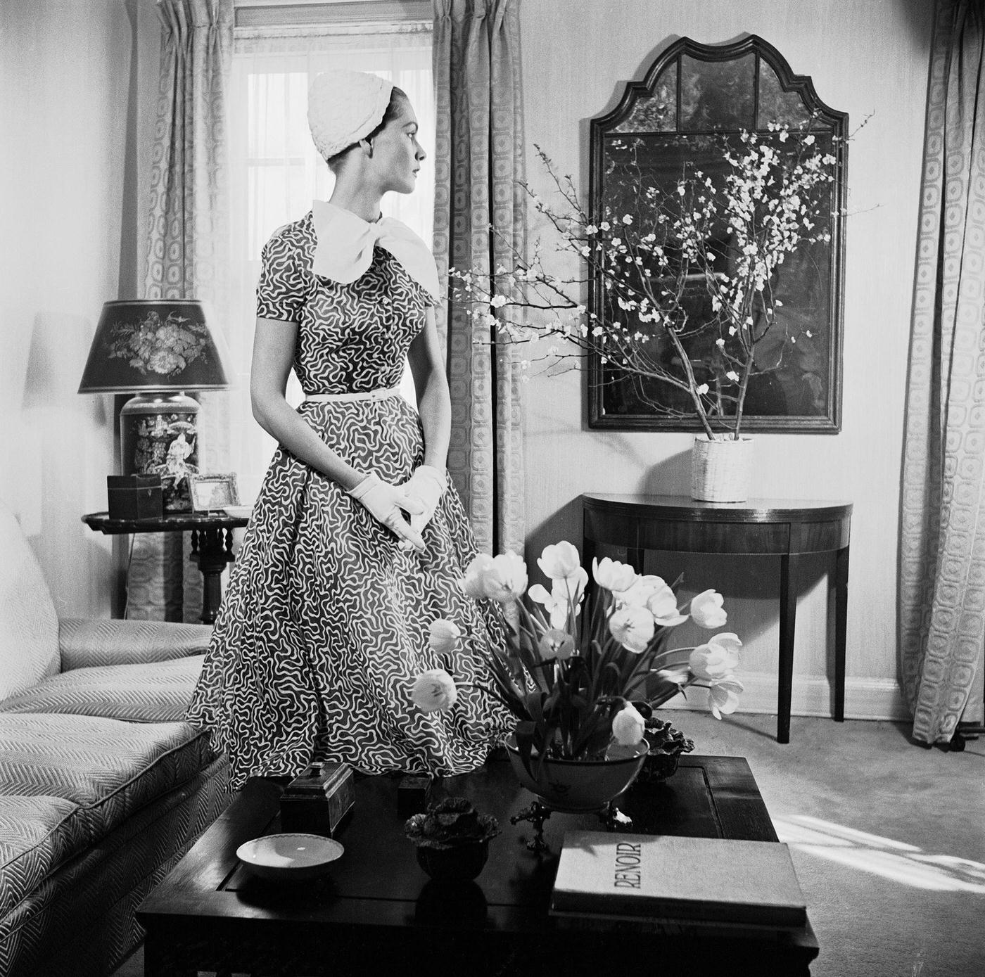 Georgia Hamilton Models A Slate Gray And White Day Dress By Carolyn Modes.