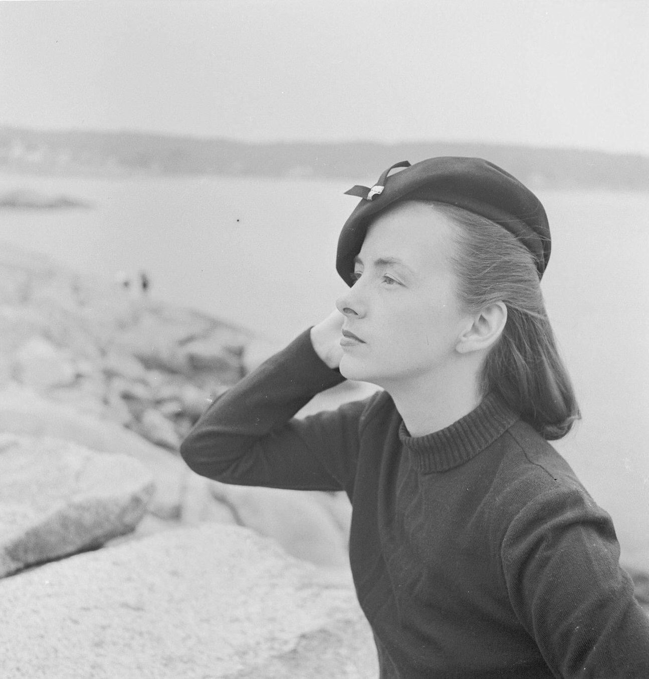 Georgia Hamilton Models A Sweater And Beret By Duberry.