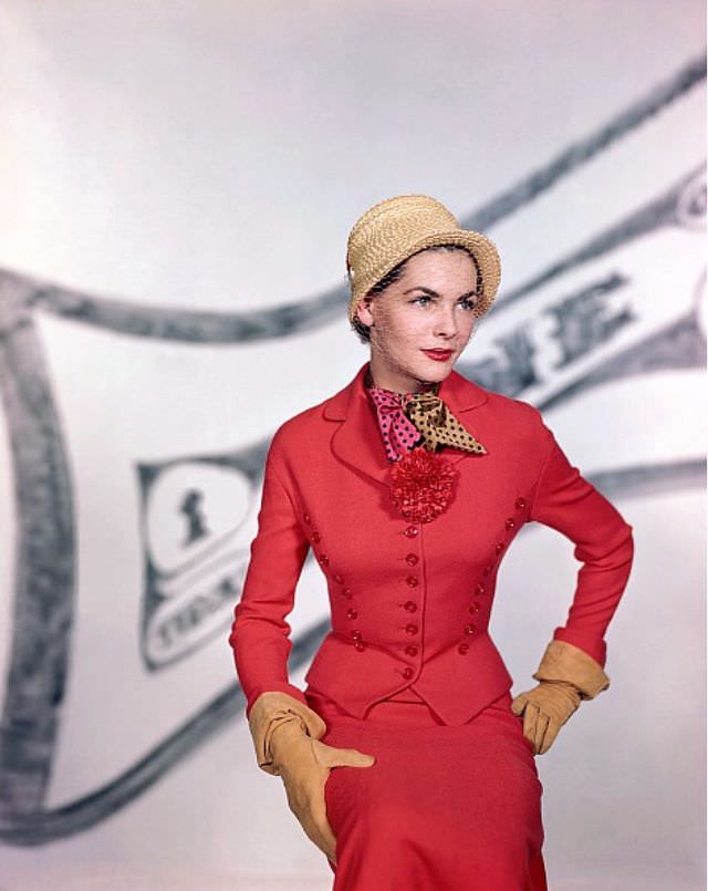 Georgia Hamilton Wears A Red Wool Suit By Harry Frechtel, 1949