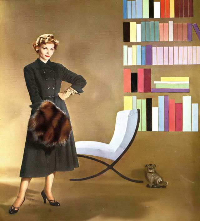 Georgia Hamilton In Botany'S Black Broadcloth Double-Breasted Coat With Red Satin Lining By Handmacher, John Frederics Hat, Kodachrome By Louise Dahl-Wolfe, Harper'S Bazaar, September 1951