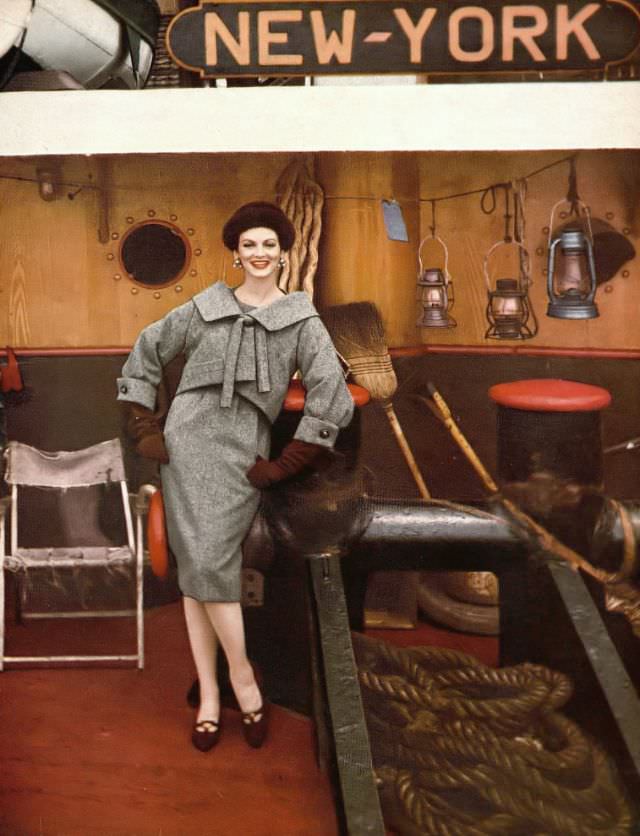 Carmen Dell'Orefice In Pebbly Gray Forstmann Wool Dress And Jacket, Jacket Has Big Kimono Collar And Deep Cuffs By Christian Dior-New York, Harper'S Bazaar, September 1958