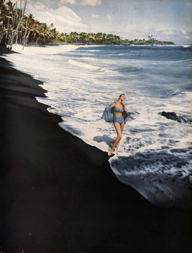 Carmen Dell'Orefice In Cotton Two-Piece Bathing Suit By Cole Of California, Matching Cover-Up By Leon Levine, Hawaii, Harper'S Bazaar, January 1959