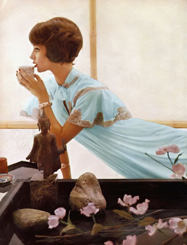 Model In Pale Lapis Lazuli Blue Peignor Of Nylon Tricot With Ecru Lace Inserts By Van Raalte, Harper'S Bazaar, April 1959