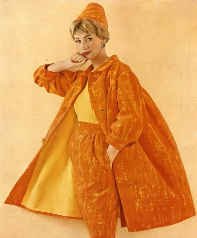Ruth Neumann Derujinsky In Dinner Suit Of Orange And Yellow Velveteen, Matching Cone Hat By Emme, Harper'S Bazaar, April 1959
