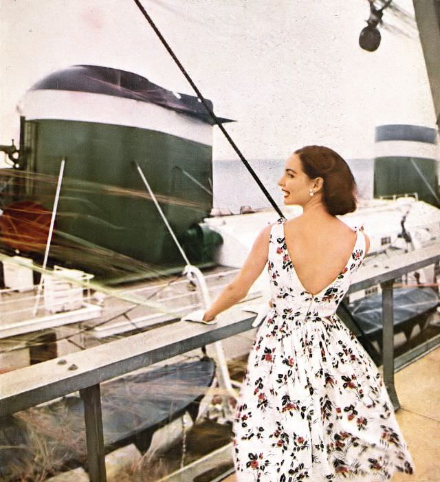 Cherry Nelms In Bare-Backed White Piqué Sundress Printed With Roses, By Alex Colman, Aboard Grace Lines' Santa Paula, Harper'S Bazaar, January 1956