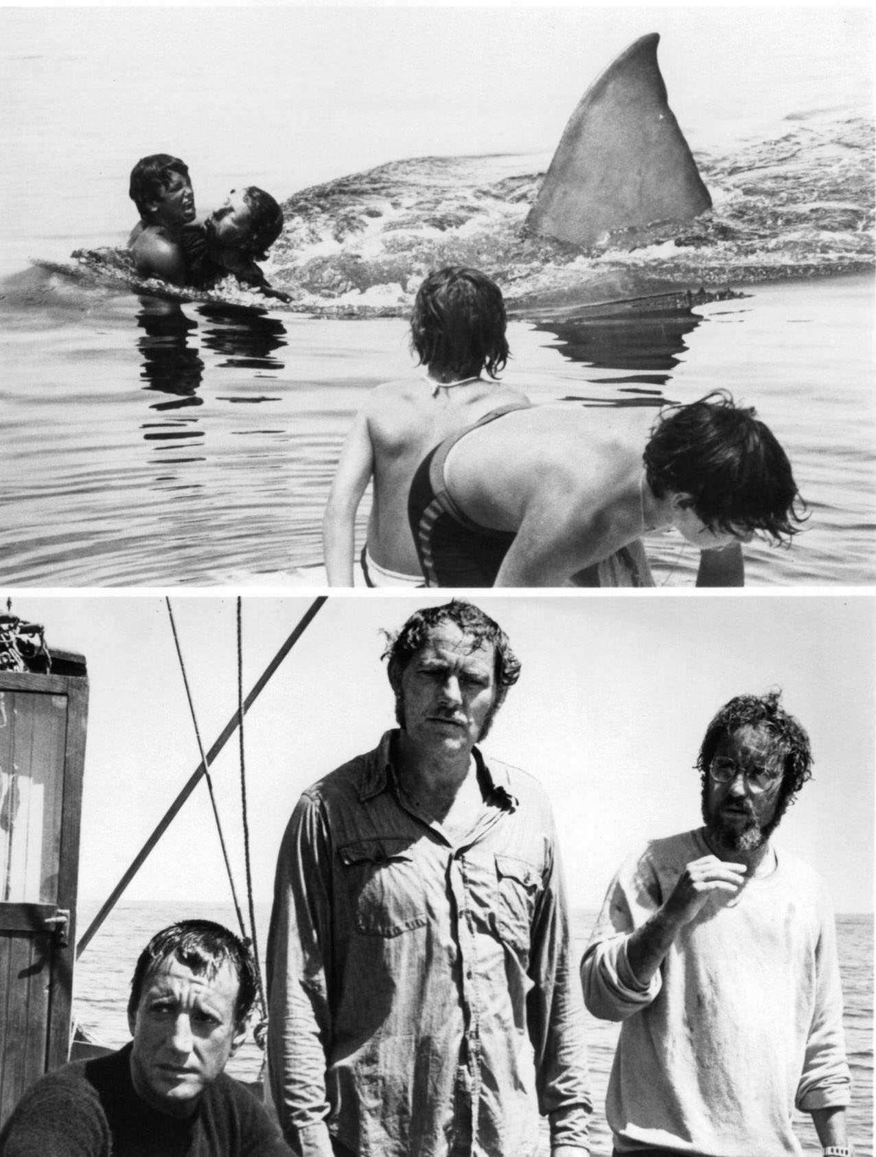 Great White Shark Attacks Swimmers (Above), Roy Scheider, Robert Shaw, And Richard Dreyfuss On Boat In Serious Contemplation In A Scene From The Film 'Jaws', 1975.