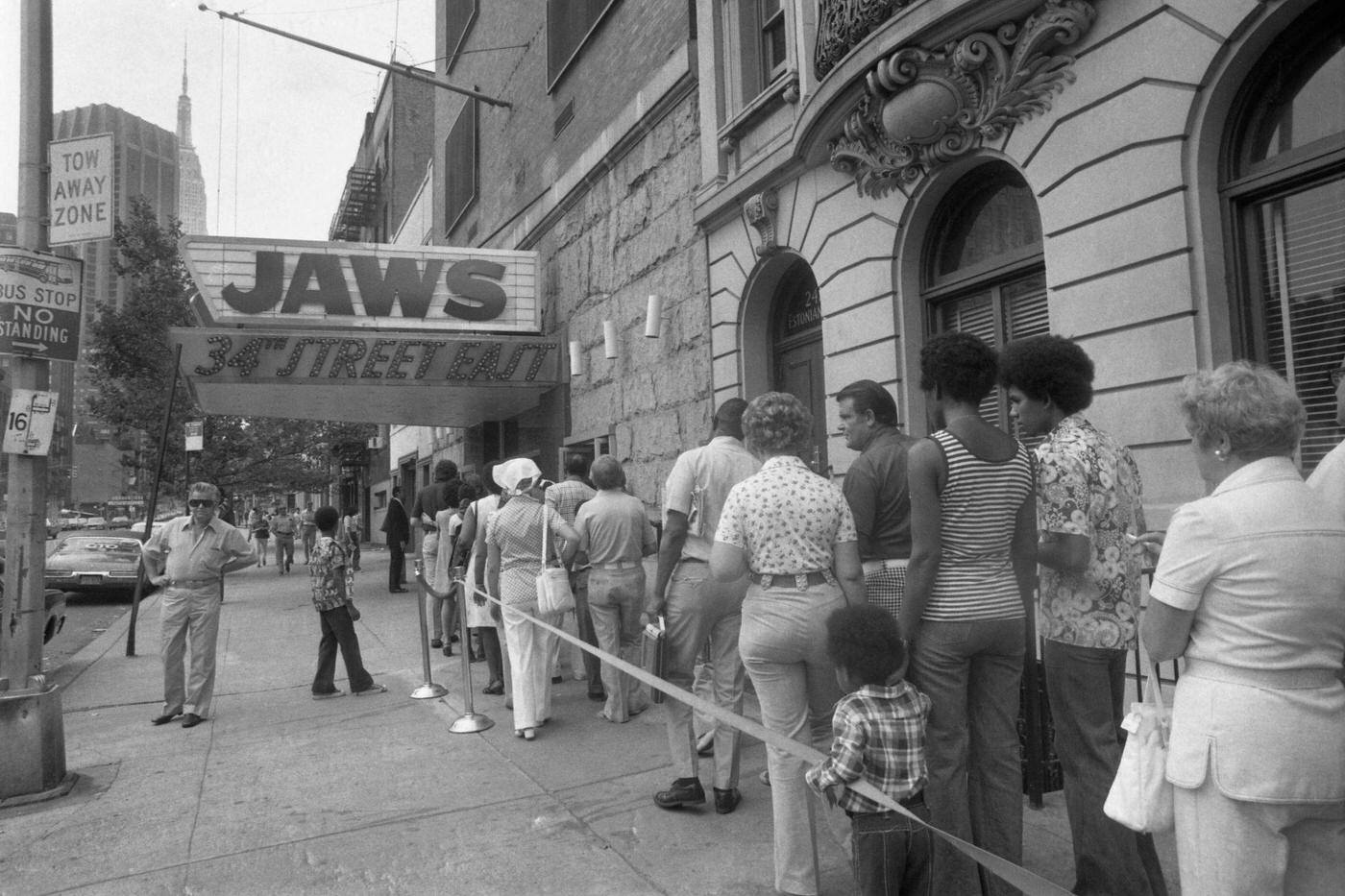 Crowds Line Up Outside Movie House For 'Jaws, 1975'