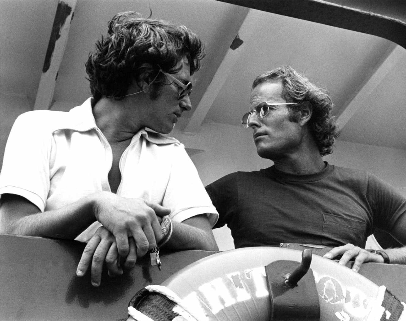Martha'S Vineyard, And Director Steven Spielberg And Producer Richard Zanuck On The Set Of The Universal Pictures Production Of 'Jaws' In 1975 In Martha'S Vineyard, Massachusetts.