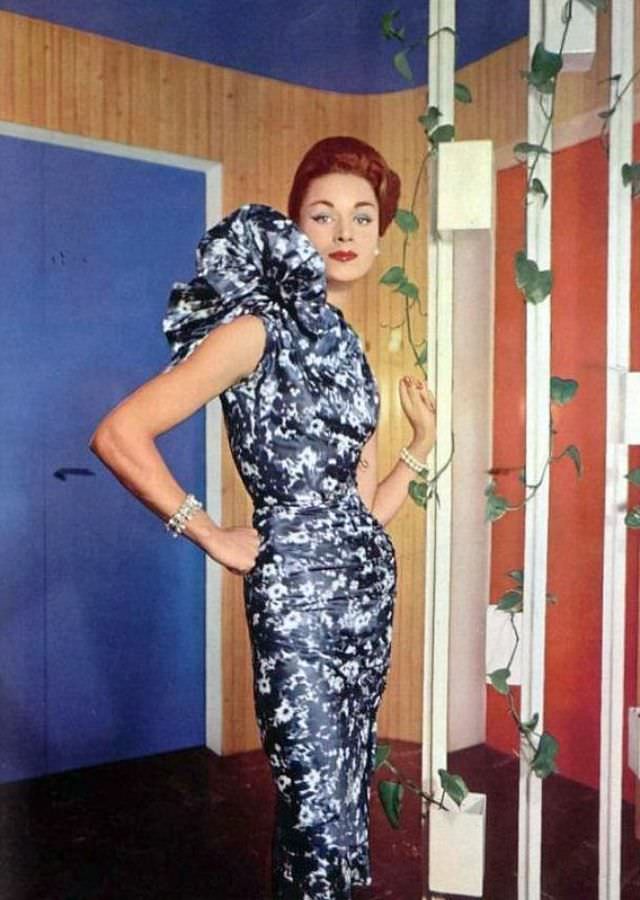 Elegant Blue And White Silk Print Dress With Enormous Coxcomb On One Shoulder By Grès, Photo By Philippe Pottier, L'Officiel, 1957