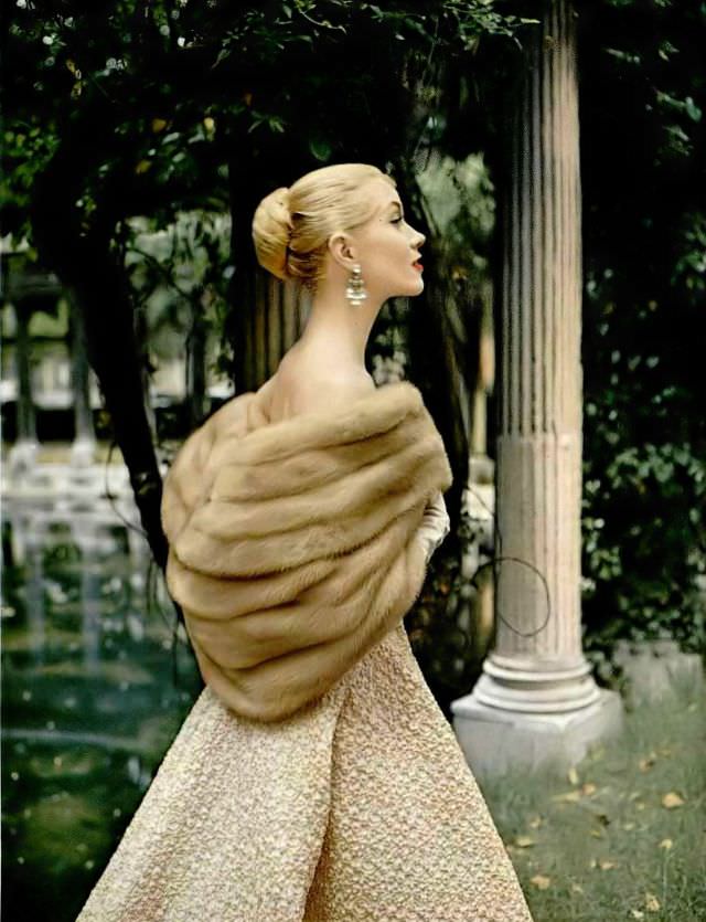 Model In Desert Gold Emba Mink Stole By Max Reby, Gold Matelasse Gown By Grès, 1957