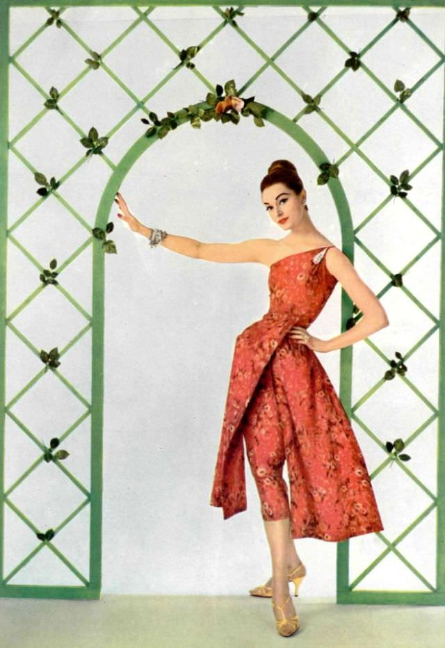 Model In Print Silk Taffeta Dress, One-Shoulder Bodice And Over-Skirt Is Split In Two Panels By Grès, 1957