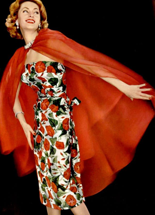 Ghislaine Arsac Is Wearing Strapless Silk Floral Print Dress With Vibrant Red Organdy Cape By Grès, L'Officiel, 1958