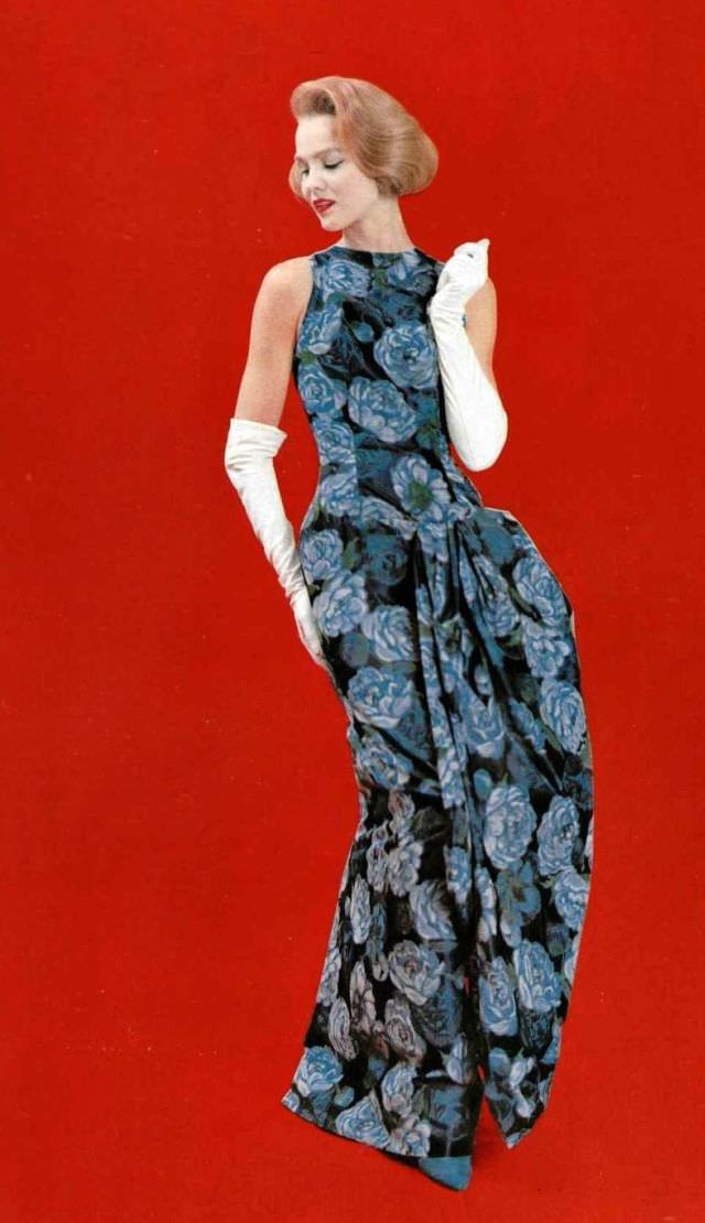 Model In Silk Print Evening Gown By Grès, Photo By Jacques Decaux, 1958