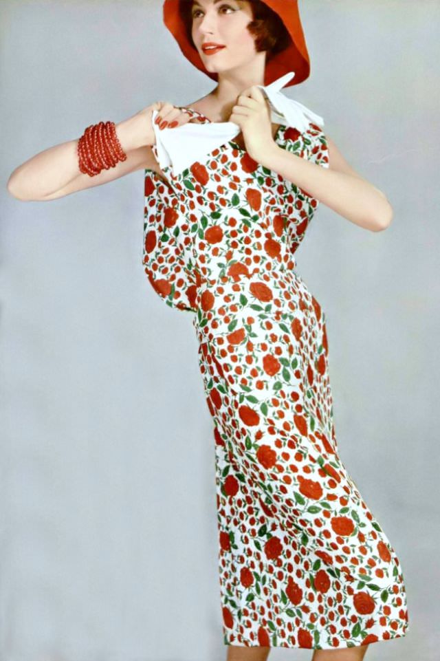 Simone D'Aillencourt In Pretty Floral Silk Print Dress With A Blouson Top By Grès, 1958