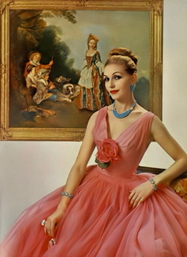 Denise Sarrault In Gala Evening Gown Of Rose Cigaline De Bucol By Grès, Jewelry By Sterlé, 1959
