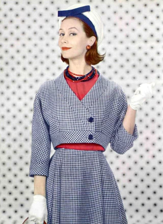 Gigi Terwalgne In Blue And White Wool Houndstooth, Short Collarless Bolero Worn Over Red Silk Blouse By Grès, Hat By Jane Blanchot, 1959