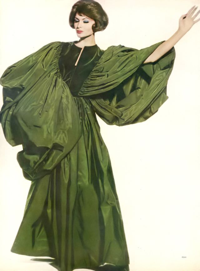 Isabella Albonico In Magnificent Gown With Enormous Wing-Like Sleeves Of Venetian Green Velvet And Taffeta By Grès, December 1, 1959