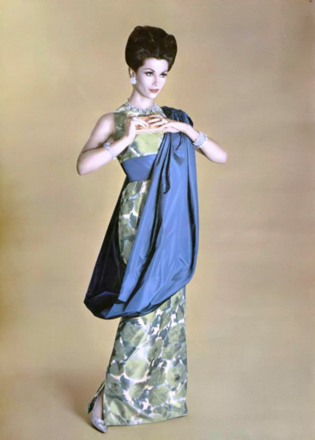 Jean Newington In Blue And Green Print Taffeta Evening Gown With Blue Taffeta Circular Stole, By Grès, Jewelry By Van Cleef &Amp;Amp; Arpels, 1959