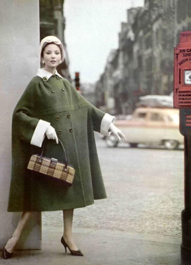 Model In Cozy Reversible Wool Coat By Grès, Hat By Jean Barthet, Shoes By Charles Jourdan, 1959