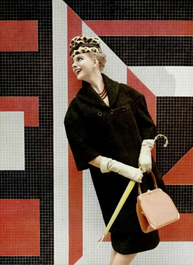 Model In Silky Wool Coat By Grès, Hat By Jean Barthet, Handbag By Durer, Necklace By Scémama, 1959