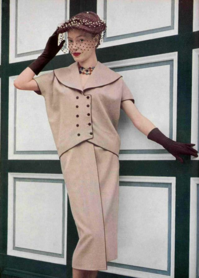 Anne Campion In Dusty Pink Flannel Two-Piece By Grès, Hat With Voilette By Rose Valois, 1952