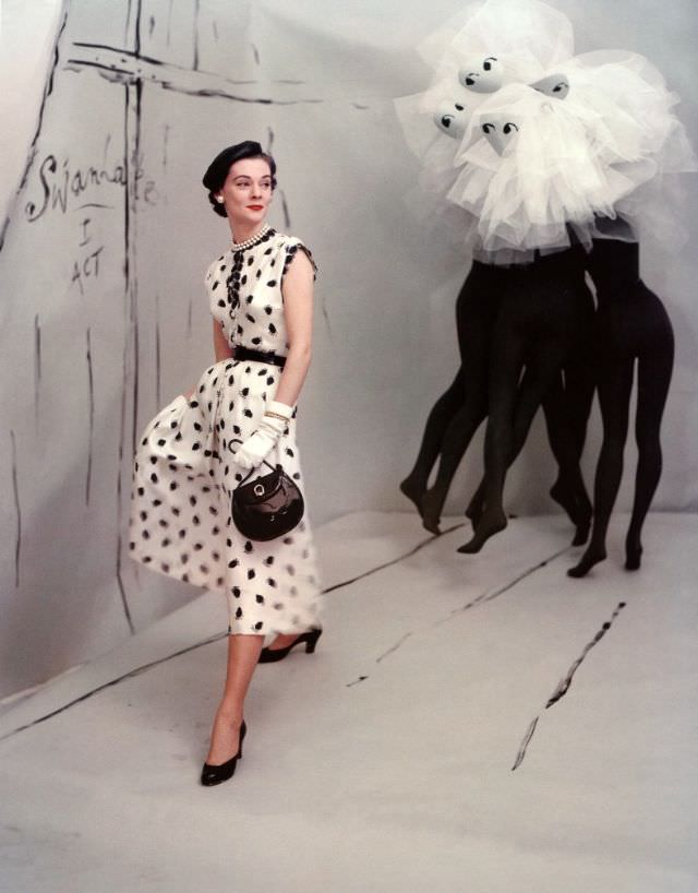 Kathy Dennis In Dress By Mollie Parnis, Background By Marcel Vertés, 1953
