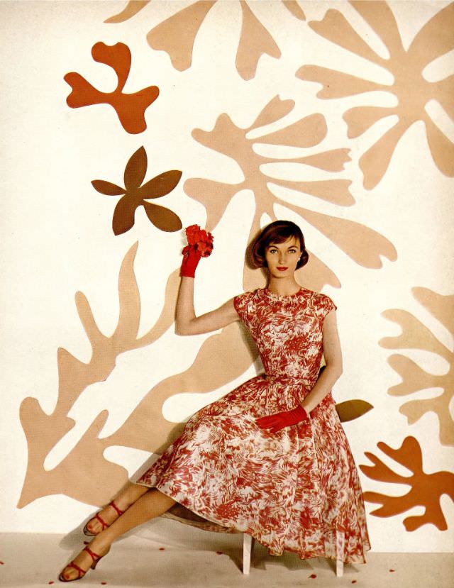Evelyn Tripp In Lovely Summer Dress Of Sheer Organdy Print Over Taffeta By Mollie Parnis, Shoes By De Liso Debs, Harper'S Bazaar, May 1955