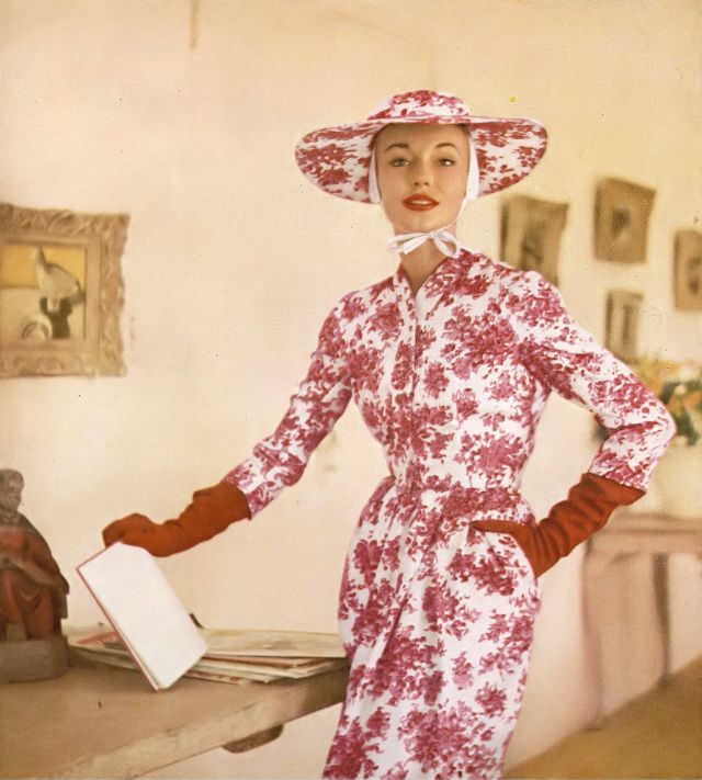 Liz Pringle In Floral Print Silk Twill Dress And Jacket By Mollie Parnis, Baby Cap With Same Print Cartwheel By Emme, Photo By Richard Avedon, Paintings In Background Are By Molyneux, April 1955